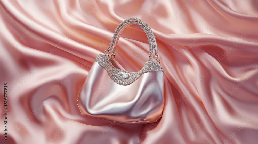 A luxurious handbag with diamonds, placed next to a delicate pink satin fabric. A luxurious handbag with diamonds, placed next to a delicate pink satin fabric.