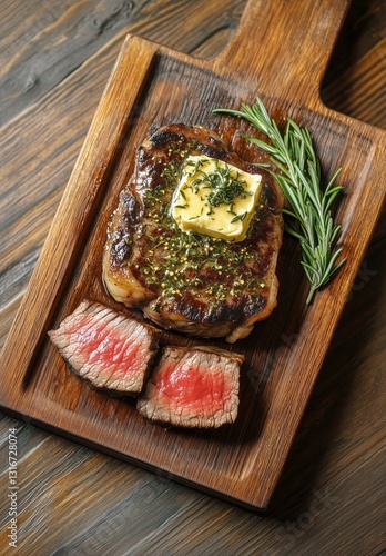 Perfectly Cooked Steak With Herbs and Butter Served on a Wooden Board