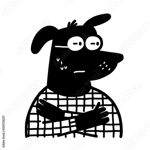 Dog character in checkered sweater with crossed arms reflecting mixed emotions and a playful style
