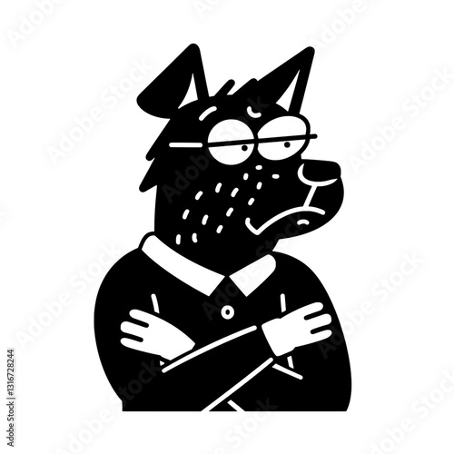 Stylized vector illustration of a thoughtful dog character with glasses exhibiting crossed arms in a minimalist design