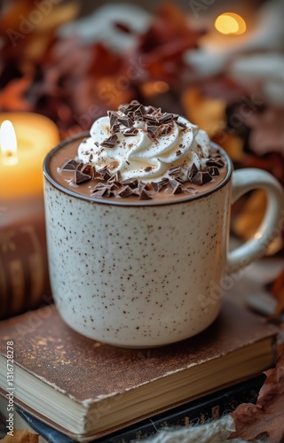 Cozy Autumn Scene With Warm Beverage, Candlelight, and Fallen Leaves