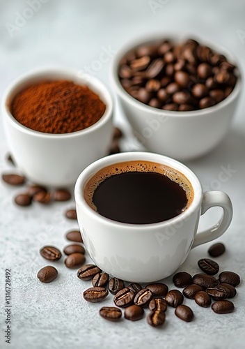 Coffee Preparation With Whole Beans, Ground Coffee, and Brewed Cup on a Light...