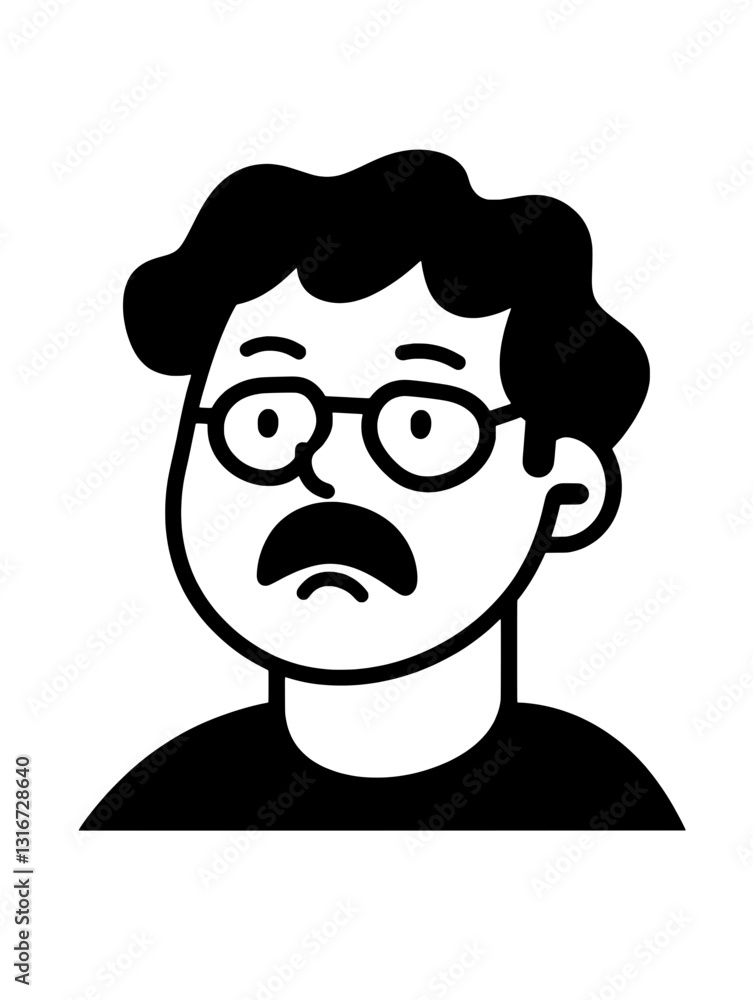 Naklejka premium Expression of confusion illustrated in a simple vector style featuring a bespectacled character with a worried look