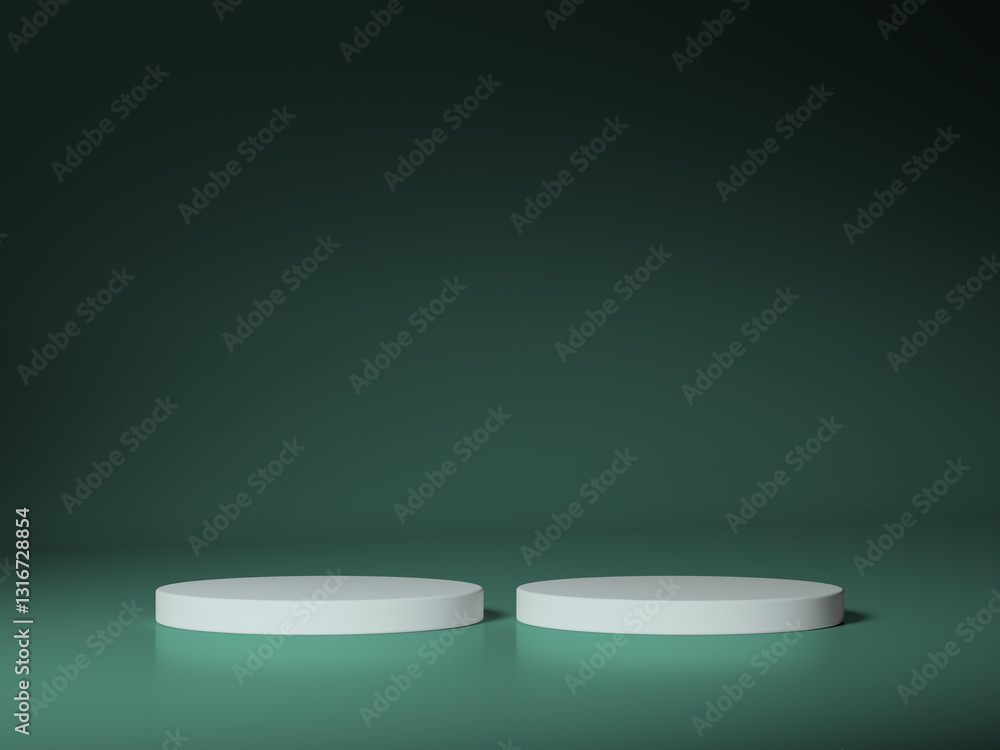 Two white circular podiums arranged in a minimalist style against a dark green background, perfect for product displays. Two white circular podiums arranged in a minimalist style against a dark green background, perfect for product displays.