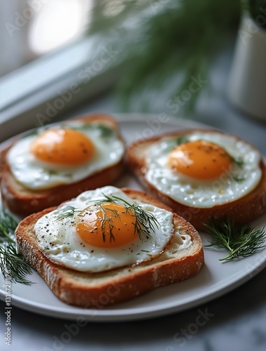 Delicious Fried Eggs on Toasted Bread With Dill in a Cozy Kitchen Setting