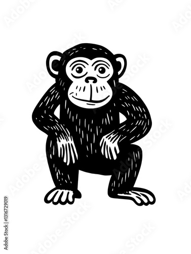 Charming black and white vector illustration of a playful monkey resting on its haunches in a cheerful and engaging pose