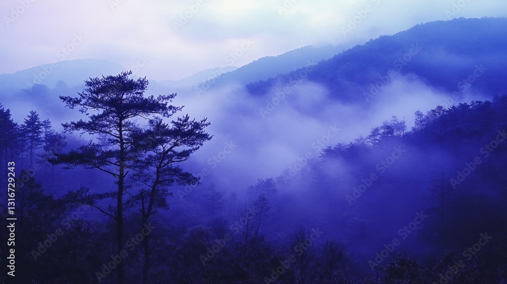 Fototapeta premium Gentle mist drifts through an enchanting landscape of rolling hills and towering trees as the dawn breaks, casting a soft purple hue across the serene forest setting, evoking calmness