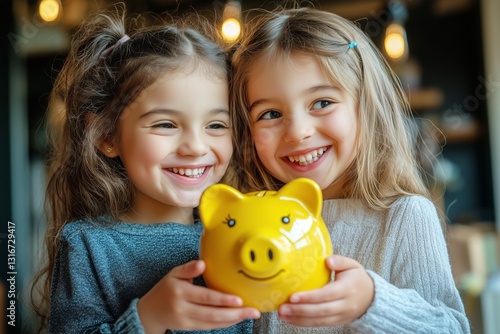 Two Young Girls Happily Holding a Yellow Piggy Bank in a Cozy Indoor Setting