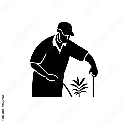 Gardener tending to young plant in a serene outdoor setting during bright daylight