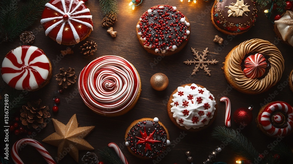 Festive donuts spread across wooden surface, decorated for the holidays Festive donuts spread across wooden surface, decorated for the holidays