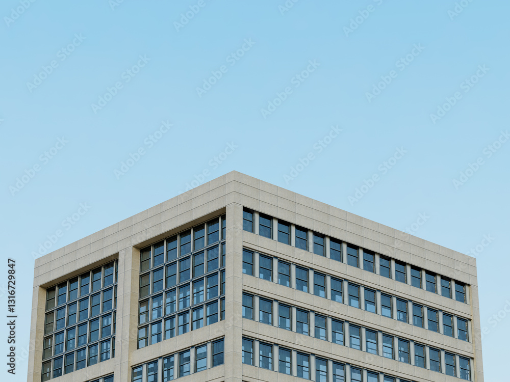 Modern architectural building with windows and geometric edges against clear skies. Modern architectural building with windows and geometric edges against clear skies.
