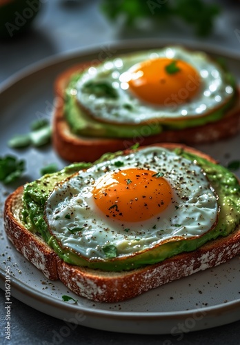 Delicious Avocado Toast With Fried Eggs and Cherry Tomatoes on Wooden Board
