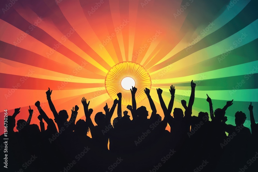 Crowd Silhouettes, Celebrating, Concert, Colorful Background Crowd Silhouettes, Celebrating, Concert, Colorful Background