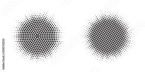 Halftone circle frame background set. Round border Icon using halftone random circle. Grunge circular stain. Vector illustration.