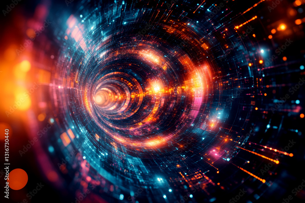 Vibrant digital tunnel with glowing lights and particles Vibrant digital tunnel with glowing lights and particles