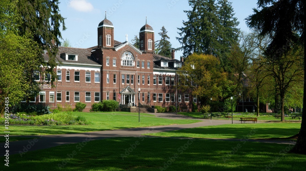 Fototapeta premium Historic Brick Building on a Lush Campus