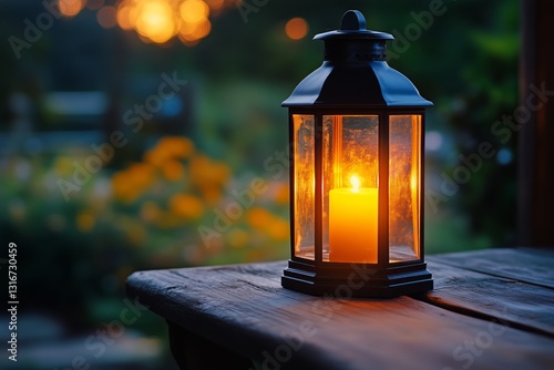 Lantern With Candle Glowing Softly on Wooden Table During Evening in Garden
