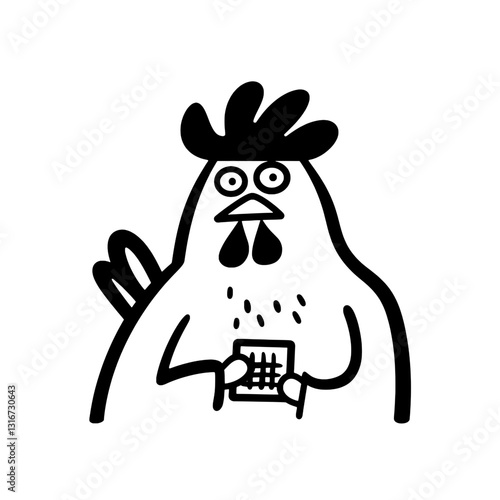 Colorful cartoon rooster holding a square object in its claws with an expression of curiosity and surprise at the farm