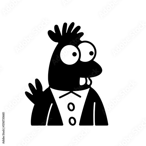 Unique cartoon character in a playful pose with a welcoming gesture and distinct hairstyle set against a bold contrast backdrop