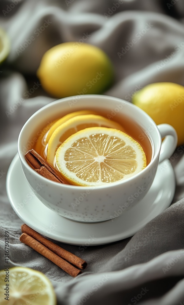 Warm Cup of Lemon Tea With Spices and Chocolate on a Dark Table Warm Cup of Lemon Tea With Spices and Chocolate on a Dark Table