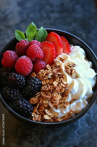 Bowl of Fresh Berries and Granola Served on a Dark Surface for a Healthy Brea...