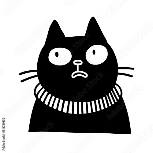 Stylized black cat character with an expressive face and distinctive collar design in a playful vector style