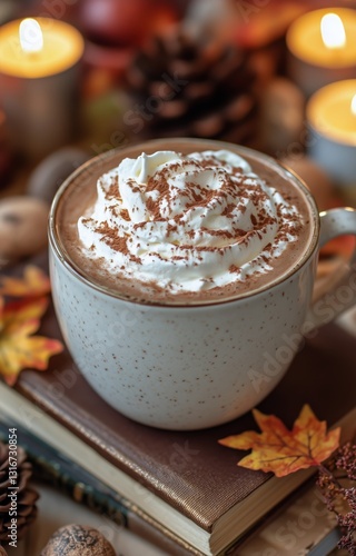 Cozy Autumn Drink With Frothy Coffee and Spices on a Rustic Wooden Table With...