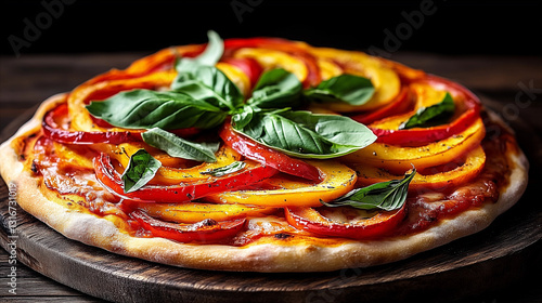 Fresh pizza with a rich tomato base and cheese, food shot