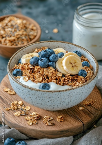 Healthy Breakfast Bowl With Granola, Yogurt, Blueberries, and Banana on Kitch...