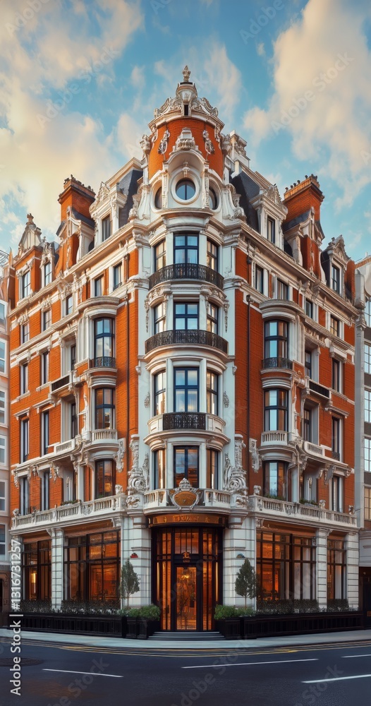 Fototapeta premium Elegant Historical Building in a Vibrant Urban Setting at Golden Hour