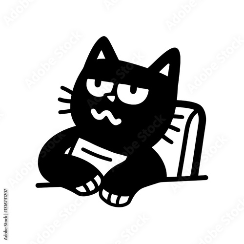 Curious black cat with a skeptical expression gazing while resting on a desk surrounded by books in a cozy reading nook