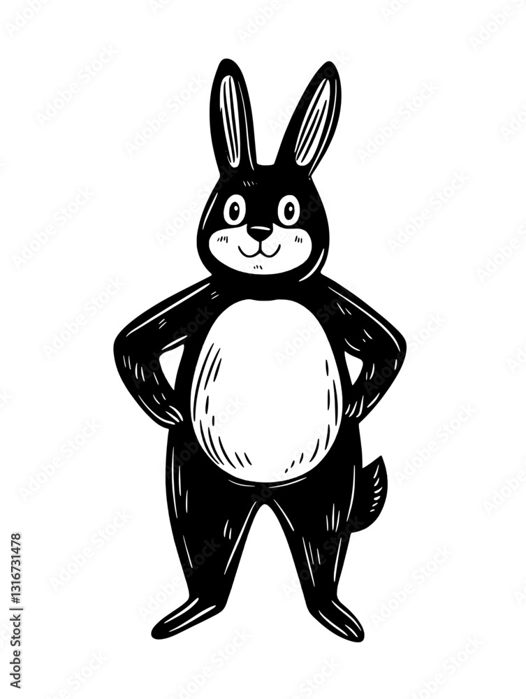 Fototapeta premium Charming black and white cartoon rabbit stands confidently with hands on hips in a playful and whimsical style
