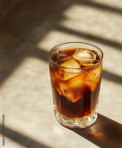 Refreshing Cold Brew Coffee Served in a Glass With Ice and Coffee Beans Scatt...