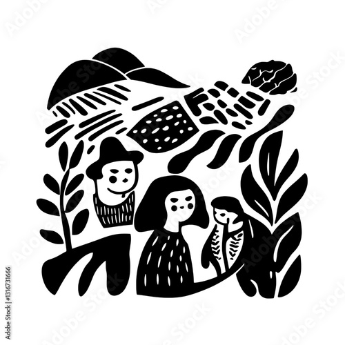 Family in harmony with nature beneath whimsical hills and abstract landscapes, celebrating simplicity and connection through playful art style