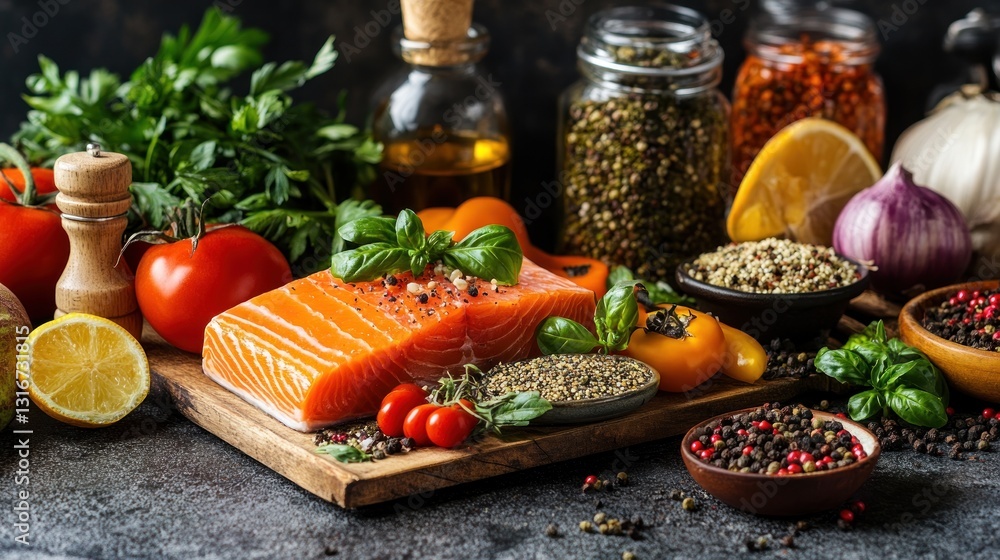 Fresh salmon with spices and vegetables on dark surface Fresh salmon with spices and vegetables on dark surface