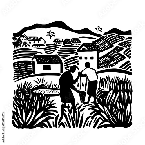 Harvesters in a serene valley cultivating crops with passion and dedication