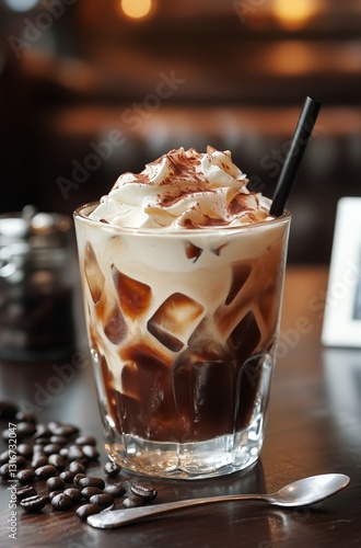 Delicious Coffee Dessert Topped With Whipped Cream and Chocolate on a Wooden ...