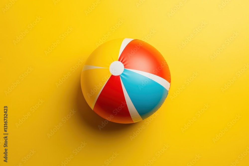 Fototapeta premium A colorful striped beach ball rests on a yellow background