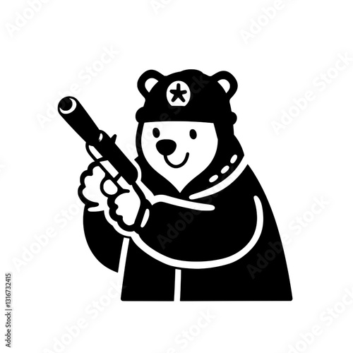 Cute bear in a playful police outfit brandishing a toy gun while promoting safety and fun
