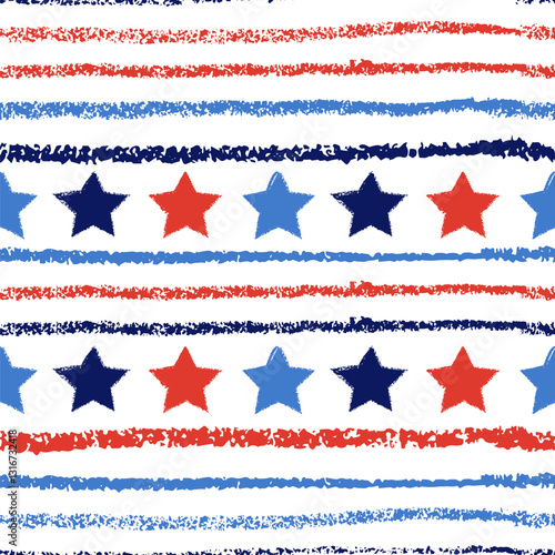 USA flag crayon pencil hand drawn seamless pattern. Vector stripes and stars illustration. American holiday background