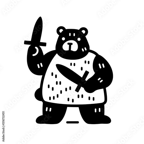 Dominant bear wields swords, showcasing an unexpected fusion of strength and artistry in a playful vector design
