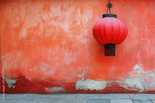 Bright Red Lantern Hangs Against a Textured Red Wall in an Urban Setting