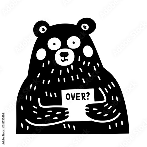 Creative bear holding a sign questioning the end of a journey, conveying curiosity and playfulness in a whimsical style