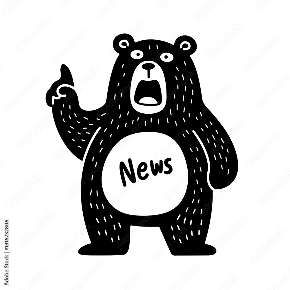 Fototapeta premium Cheerful bear mascot expressing urgency with news announcement in an engaging black and white vector design