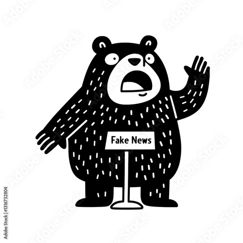 Expressive bear passionately advocating against misinformation at a whimsical gathering
