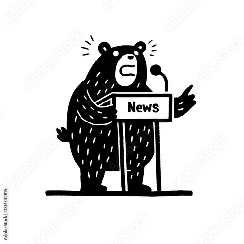 Bear delivers news with confidence at an imaginary podium in a whimsical, cartoonish style that brings humor and charm to a serious topic