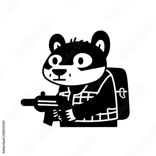 Illustrative raccoon character armed with a toy weapon, embodying playful mischief in a cartoonish style