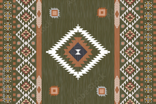   Ikat seamless pattern. Ethnic South Western decor style. Ikat Boho geometric ornament. Vector seamless pattern. Mexican blanket, rug. Woven carpet