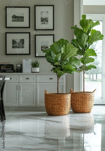 Interior Design With Two Fiddle Leaf Fig Plants in Woven Baskets by a Table i...