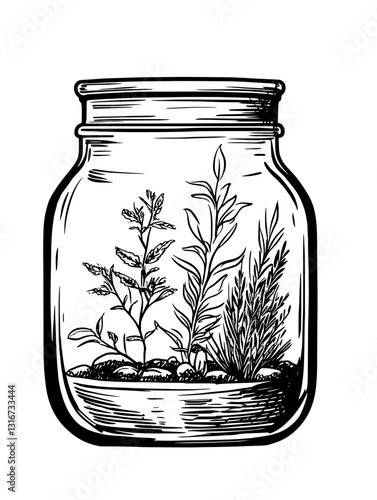 Creative growing adventure with a glass jar filled with various plants showcasing nature's beauty and intricate details